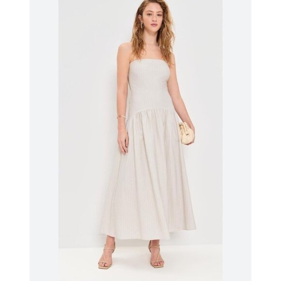 Seven Wonders Strapless Heather Midi Dress Beige Stripe Sz Medium - Picture 1 of 6